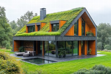 Fototapeta premium Energy-efficient house with a green roof and modern design in a natural setting