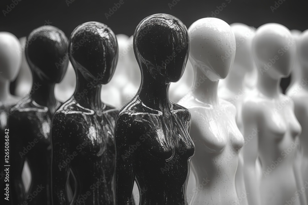 Poster figures in monochrome display contrasting styles and shapes in a lined arrangement