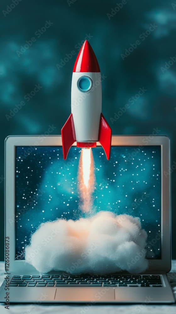 Poster a captivating portrayal of a rocket emerging from a laptop, surrounded by soft, cloud-like forms, su