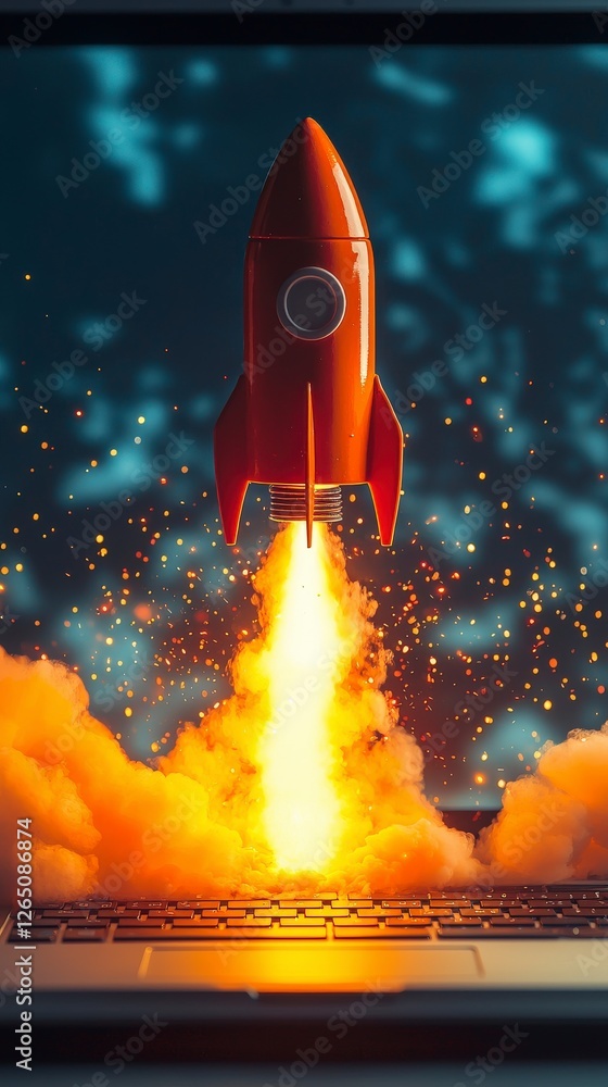 Poster this stunning image captures a toy rocket propelling from a computer, surrounded by vibrant, fiery c