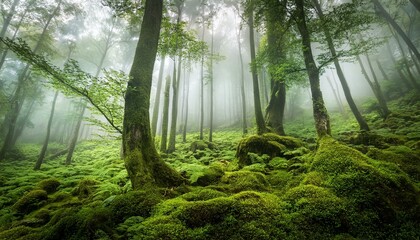 Fototapeta premium Mystical Forest Path: Sunlight pierces through a dense canopy of trees in a misty forest, illuminating a carpet of lush green moss and ferns, creating an enchanting and ethereal atmosphere. 