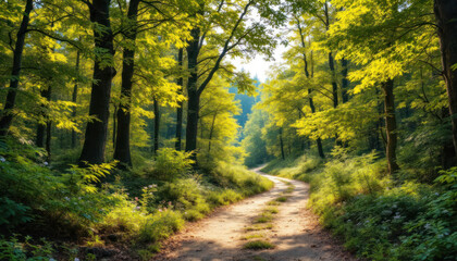 Fototapeta premium Sunlit Path Through a Lush Green Forest