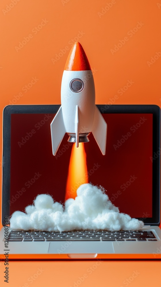 Poster a bright rocket emerges from a laptop screen, enveloped in fluffy clouds and dynamic colors, illustr