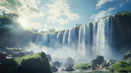 Fototapeta premium Majestic waterfall cascades, sunlit mist, lush greenery, travel destination