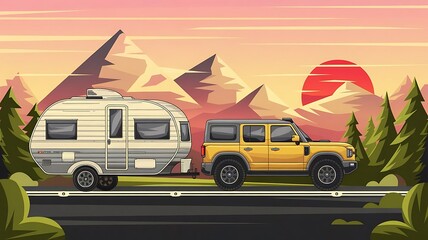 Obraz premium Vector Illustration of Yellow Off-Road SUV Towing Camper Trailer on Scenic Highway at Sunset