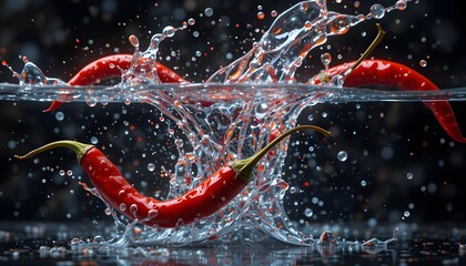 red chili falling into water splash with black back ground