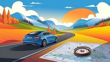 Vector Illustration of Scenic Road Trip with Modern Blue Car Driving through Mountainous Landscape