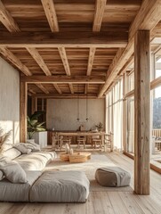 Warm inviting open concept living space with exposed wooden beams