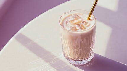 A sleek and elegant iced lavender honey latte in a crystal glass with a gold straw, placed on a minimalist white surface with a soft purple hue