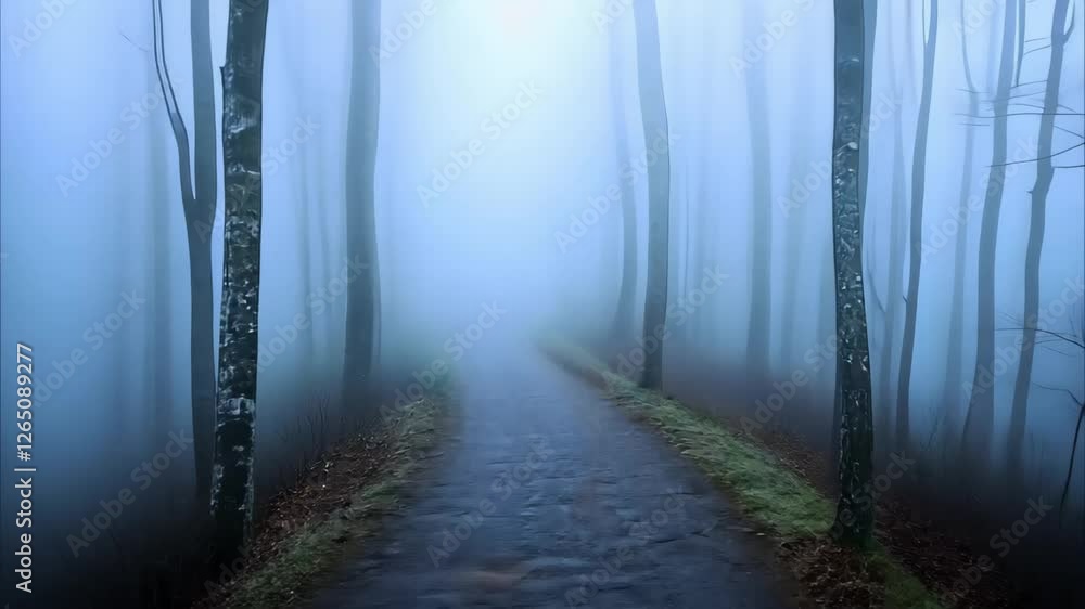 Poster a misty forest path surrounded by tall trees, creating a mysterious and serene atmosphere.