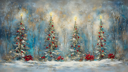 Enchanting winter scene featuring four majestic Christmas trees adorned with red and turquoise ornaments, nestled amidst a snowy forest, illuminated by a soft, ethereal glow.