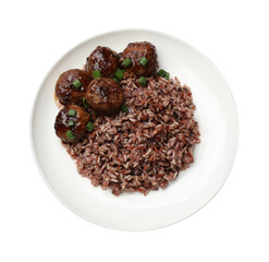 Tasty meatballs with sauce and brown rice isolated on white, top view