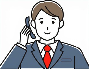 男性会社員が笑顔でスマホで電話をするイラスト。AIで生成