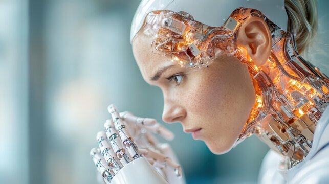 A humanoid robot with intricate features illuminated by glass and wires captures the essence of advanced AI, reflecting the potential and complexity of future technologies in design.