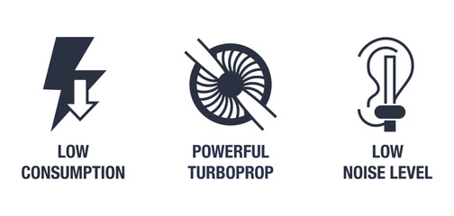 UAV engine icons set - Power turboprop, Low consumption, Low noise. In monochrome style