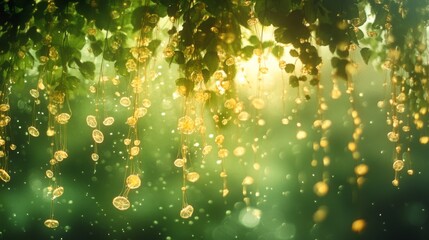 Golden light filters through a lush canopy, with decorative ornaments dangling gently, creating an enchanting, magical atmosphere.