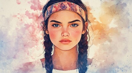 Watercolor Portrait of a Young Woman with Braids and Traditional Clothing for Design Projects and Illustrations