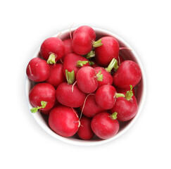 Fresh ripe radishes in bowl isolated on white, top view