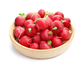 Fresh ripe radishes in bowl isolated on white