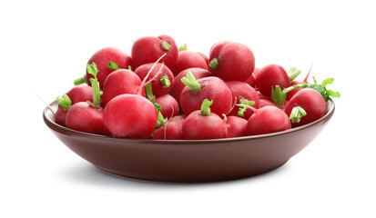 Fresh ripe radishes in bowl isolated on white