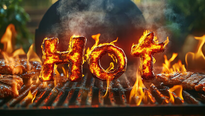 Hot, with bold fiery text in flames against a black background, featuring sizzling meat on the grill. The text appears dynamic, made of vivid fire, enhancing the fiery theme.