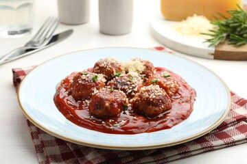 Delicious meatballs with tomato sauce, parmesan and herbs in served on white wooden table, closeup