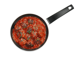 Delicious meatballs with tomato sauce and herbs isolated on white, top view
