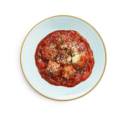 Delicious meatballs with tomato sauce, parmesan cheese and herbs isolated on white, top view