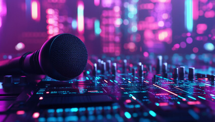 Image of a microphone alongside digital data on a high-tech electronic board, symbolizing podcasting technology and modern audio production