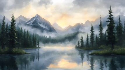 Fototapeta premium A serene painting of a misty forest at dawn with soft pastels and mood lighting, evoking calm and mystery. Ideal as wall art for coffee shops, spas, or meditation spaces, creating a peaceful ambiance.