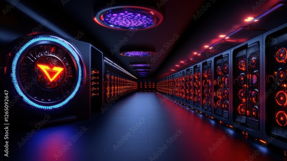Poster futuristic data center with high-tech servers and neon lighting in dark environment