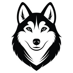 A clean black silhouette of a Siberian Husky dog head isolated on a white background.