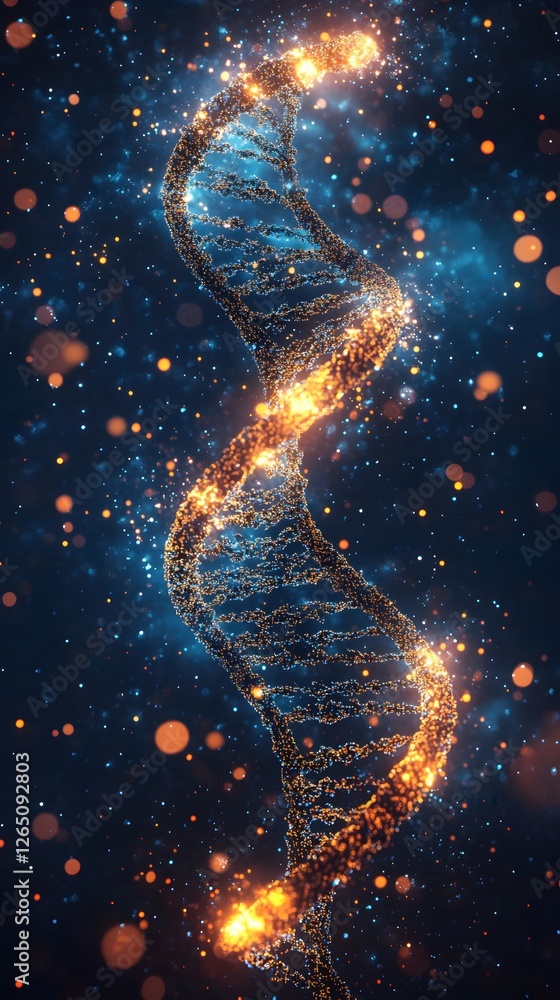 Aufkleber abstract molecular structure of dna helix with glowing particles on a dark blue background