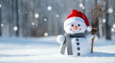 Fototapeta premium A cheerful snowman wearing a red Santa hat and a gray scarf holding a bundle of twigs as a broom standing in a snowy field