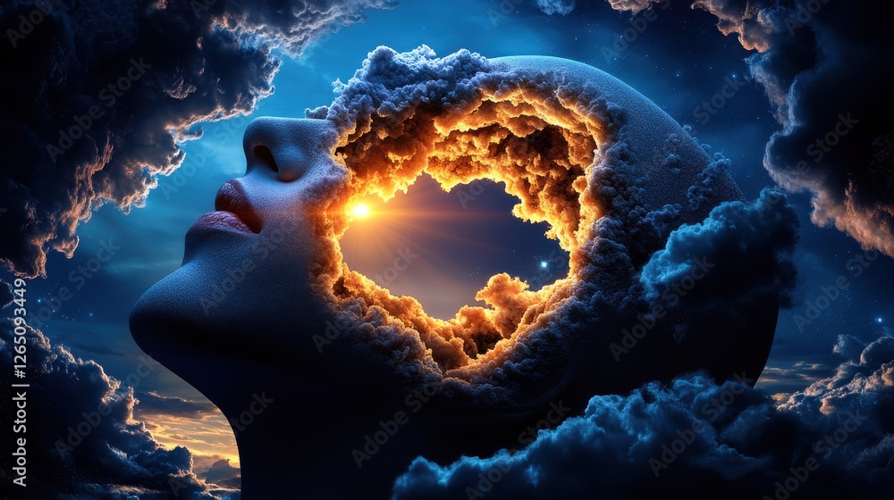 Poster surreal dream space with clouds surrounding a abstract human face and a shining light source in the 