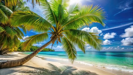 Tropical paradise awaits: sun-drenched beach, palm trees, ocean breeze, vacation dreams.