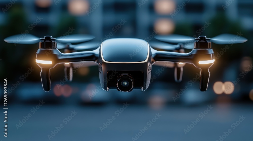 Poster a sleek modern drone with camera hovering in urban environment at dusk, showcasing advanced technolo