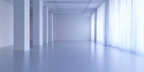 Empty Interior Space with White Columns and Sheer Curtains