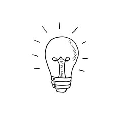 Hand-drawn sketch of a light bulb with lines radiating outward; business idea.