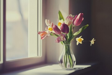 Fototapeta premium Delicate spring bouquet of pink and white tulips and daffodils in a glass vase by a sunlit window, symbolizing renewal and beauty