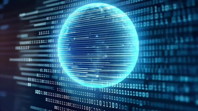 A digital representation of data flow with binary code and a glowing sphere, symbolizing technology and information networking.