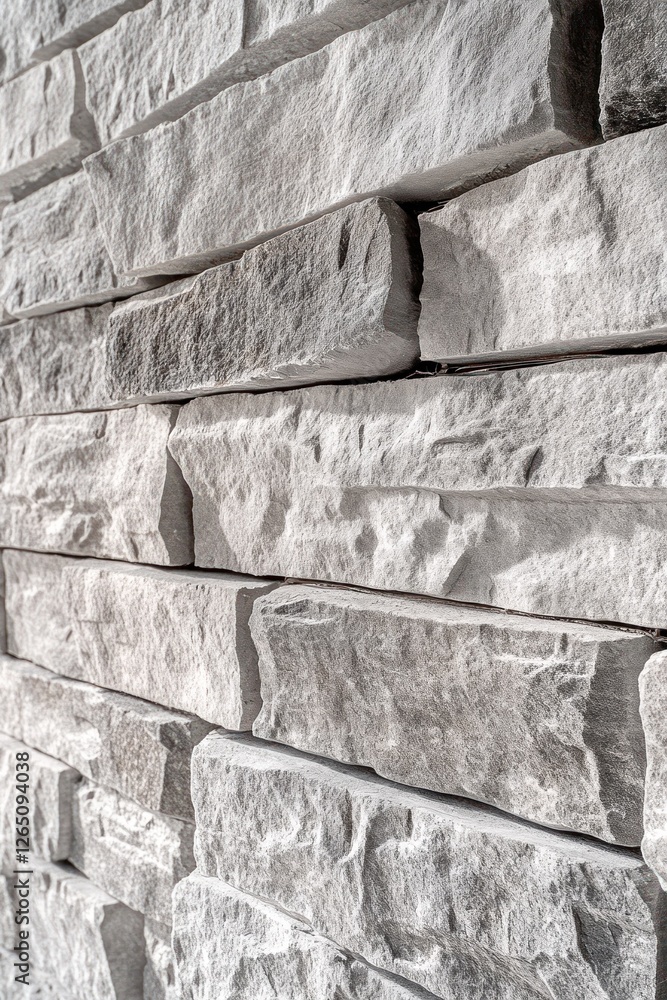 Poster close-up of a textured white stone wall with varying sized rectangular blocks.