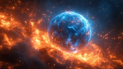 A blue burning planet with orange flames sparks. Alien planet deep space.
