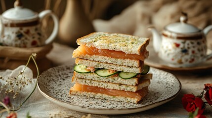 A countryside afternoon tea setup, featuring smoked salmon and cucumber tea sandwiches on a handmade ceramic plate, isolated on a warm, earthy background