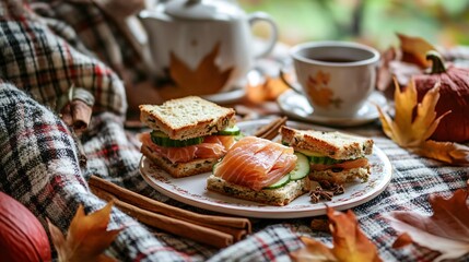 A cozy autumnal tea party with smoked salmon and cucumber tea sandwiches, surrounded by fallen leaves, cinnamon sticks, and a warm plaid tablecloth