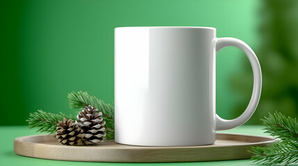 White mug on wooden tray, pine cones, green background; design mockup