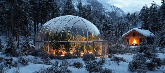Illuminated geodesic dome greenhouse nestled in snowy winter mountain forest, near cozy cabin with fireplace.