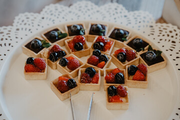 A beautifully arranged selection of mini fruit tarts with golden pastry crusts filled with creamy custard and topped with fresh raspberries, blueberries, and strawberries