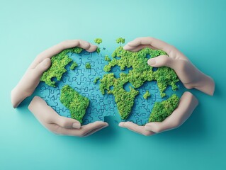 Hands Holding Puzzle Globe Covered in Green Foliage and Plants