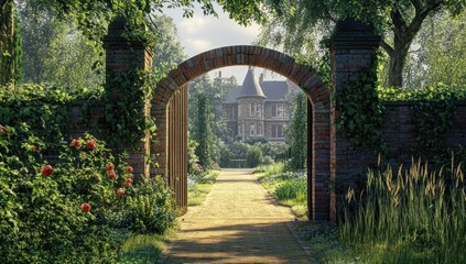 Obraz premium Sunlit garden path leads to a grand house through an arched gateway.